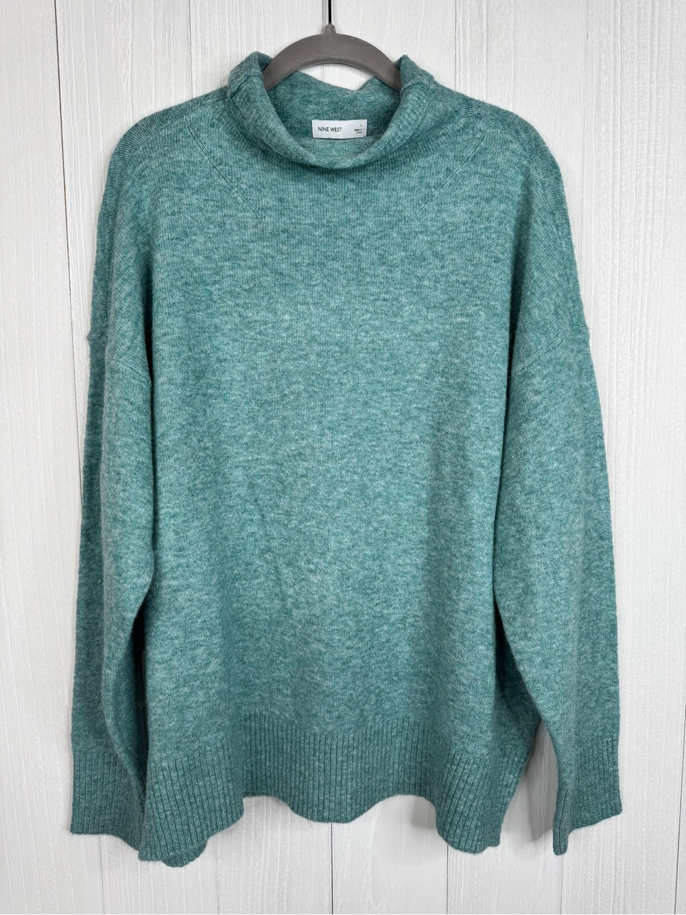 Nine West Oversized Cozy Turtleneck Sweater Teal Green Knit L